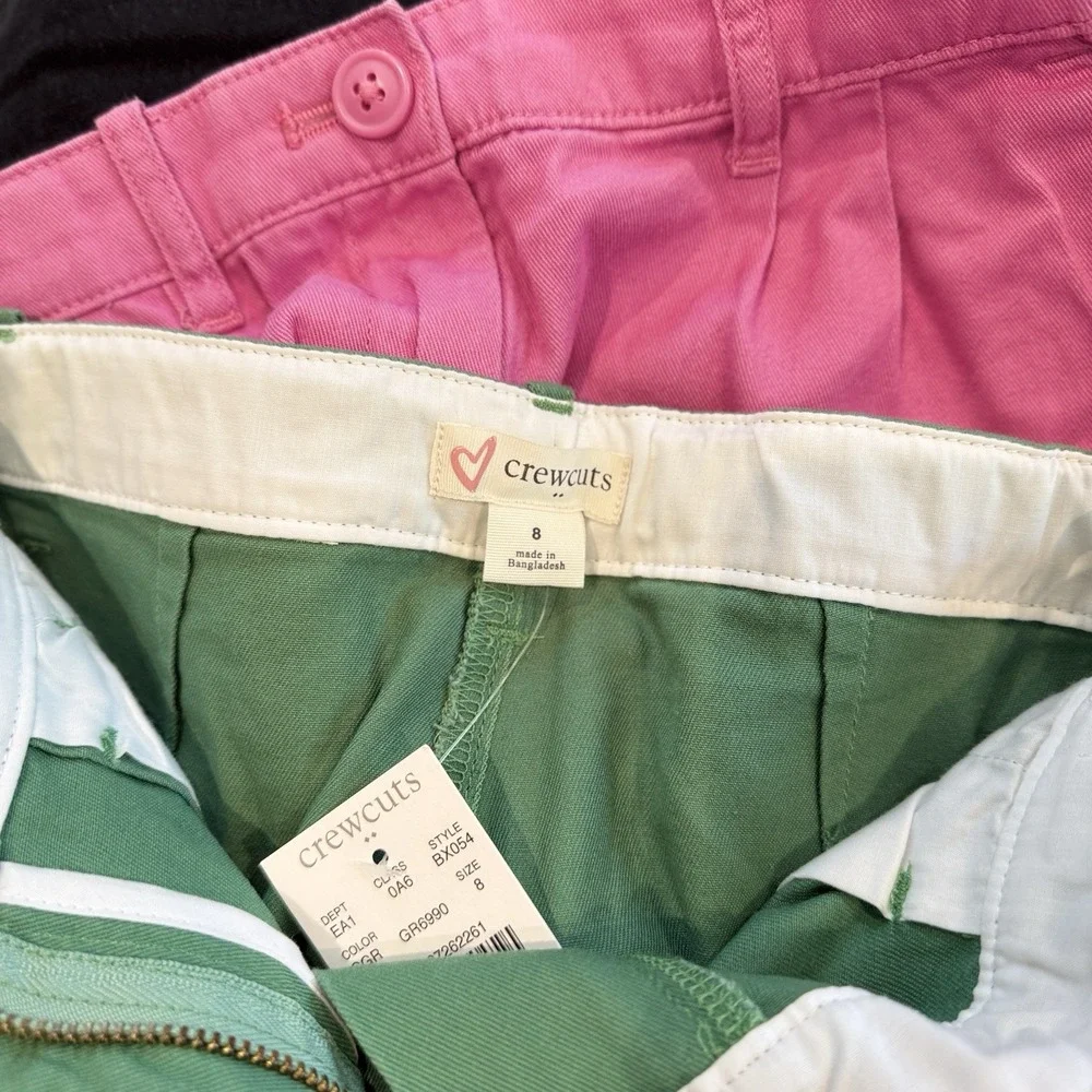 Crewcuts J.Crew Girls Green & Pink Pleated Chino Shorts Lot Of 2 Adj Waist Sz 8